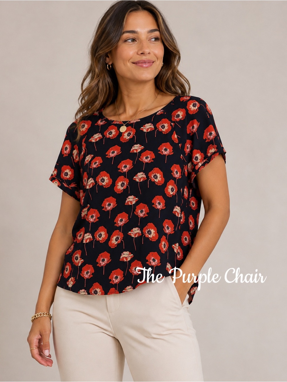 CABI NWOT Poppy Print Short Sleeve Split Back Blouse S